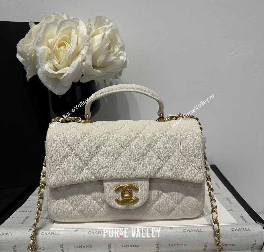 Chanel Coco Grained Calfskin Mini Flap Bag with Chain Top Handle AS2431 White 2025 0213 (yezi-250213032)