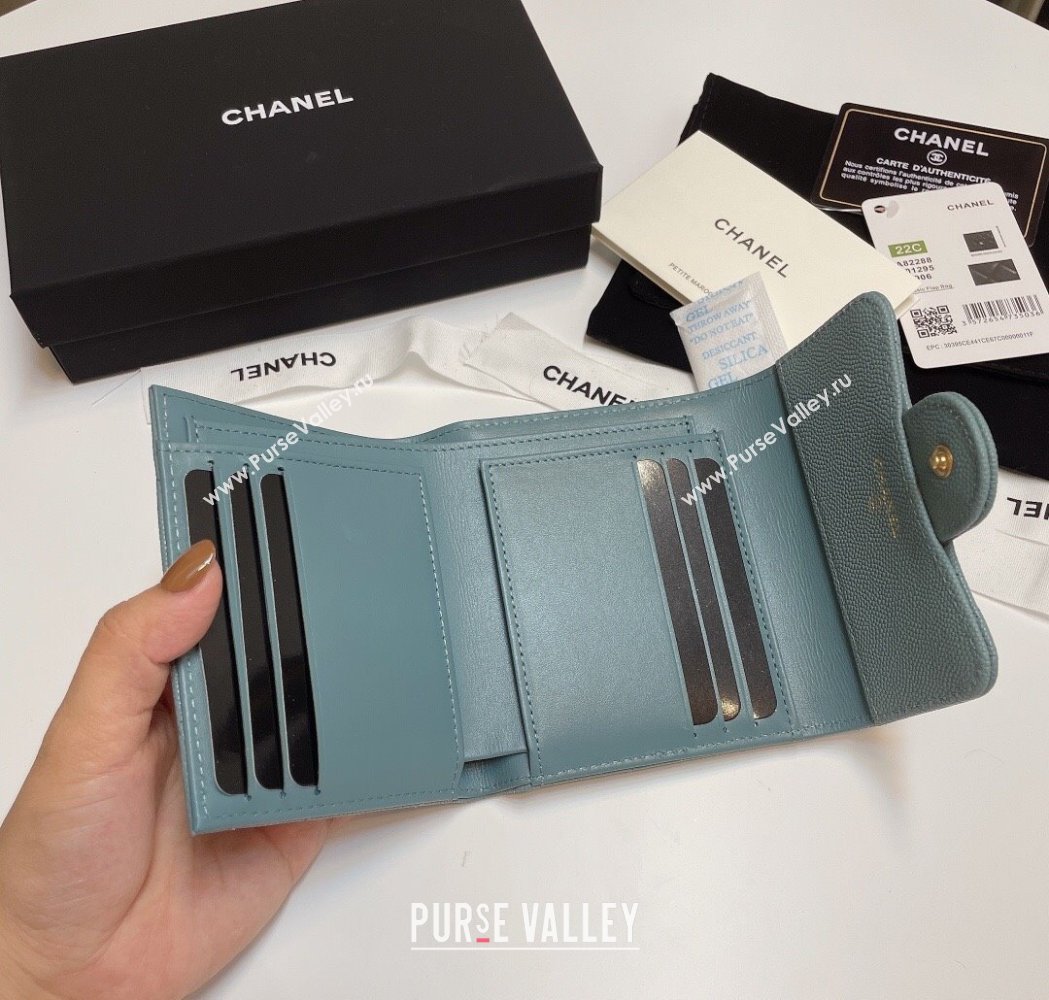 Chanel Grained Calfskin Card Holder Wallet Blue Grey 2025 82288 (SSZ-250212075)