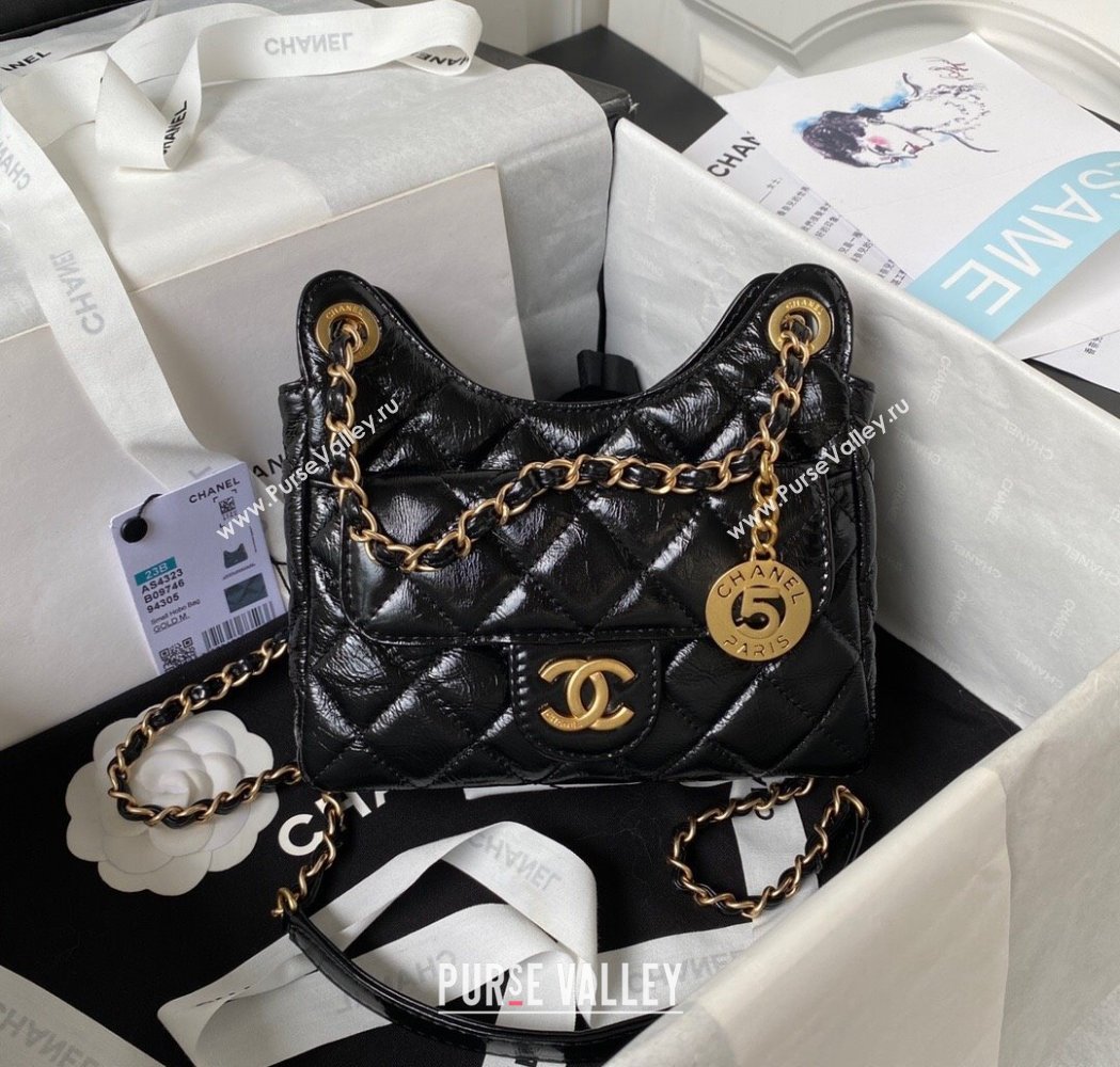 Chanel Shiny Crumpled Calfskin Small Hobo Bag AS4323 Black 2025 (yezi-250213033)