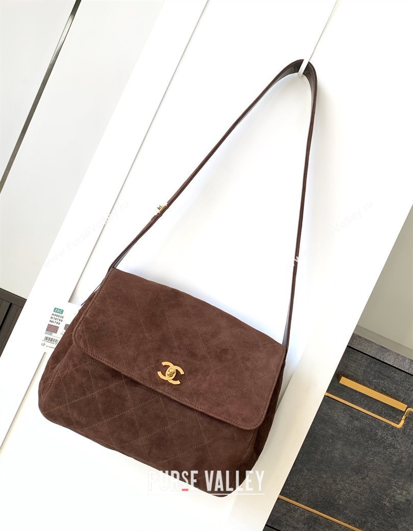 Chanel Vintage Suede Flap Bag with Wide Strap Dark Coffee 2025 A99935 (yezi-250213044)