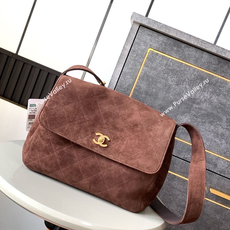 Chanel Vintage Suede Flap Bag with Wide Strap Dark Coffee 2025 A99935 (yezi-250213044)