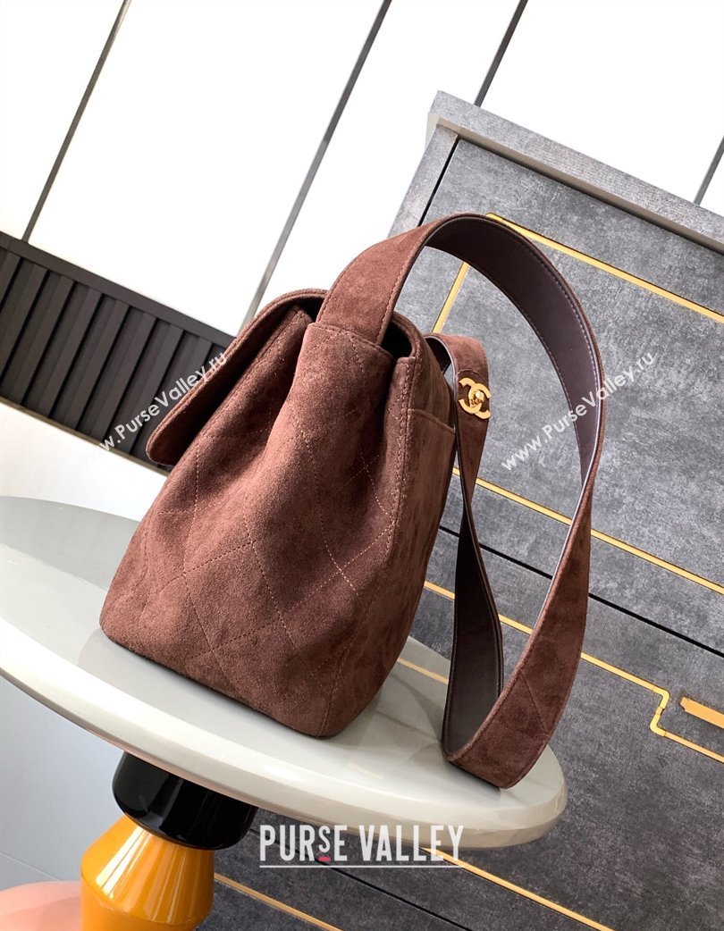 Chanel Vintage Suede Flap Bag with Wide Strap Dark Coffee 2025 A99935 (yezi-250213044)