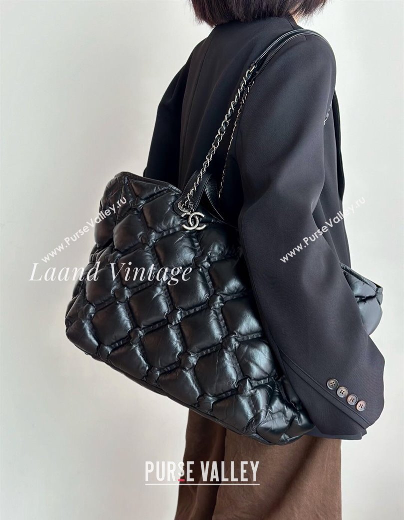 Chanel Vintage Puffer Quilted Shiny Calfskin Shopping Bag Black 2025 (yezi-250213064)