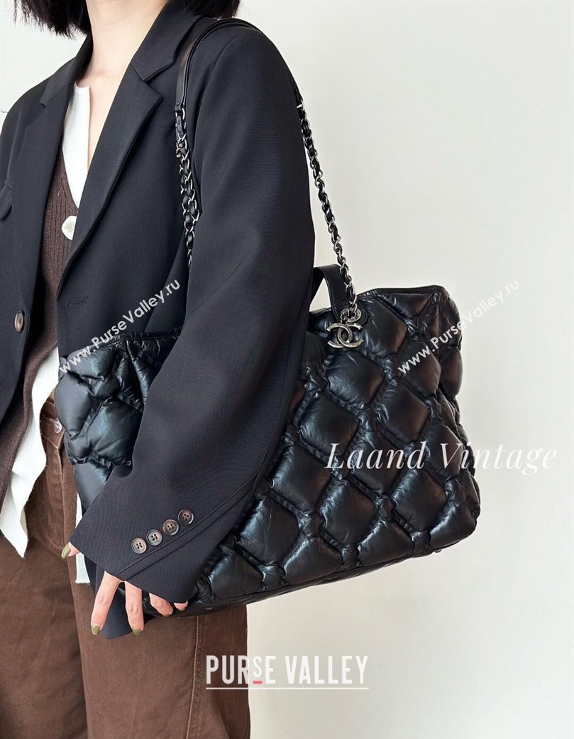 Chanel Vintage Puffer Quilted Shiny Calfskin Shopping Bag Black 2025 (yezi-250213064)