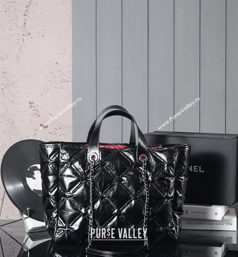 Chanel Vintage Puffer Quilted Shiny Calfskin Shopping Bag Black 2025 (yezi-250213064)