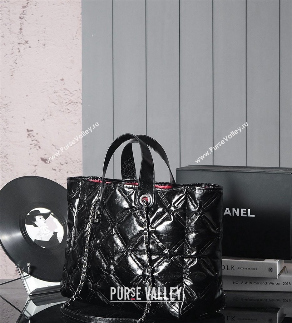 Chanel Vintage Puffer Quilted Shiny Calfskin Shopping Bag Black 2025 (yezi-250213064)