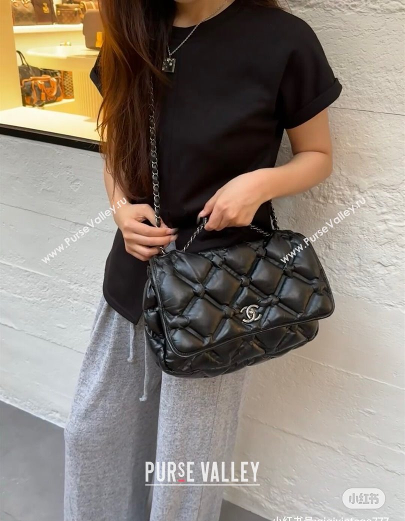 Chanel Vintage Puffer Quilted Shiny Calfskin Flap Bag Black 2025 (For Man and Women) (yezi-250213065)