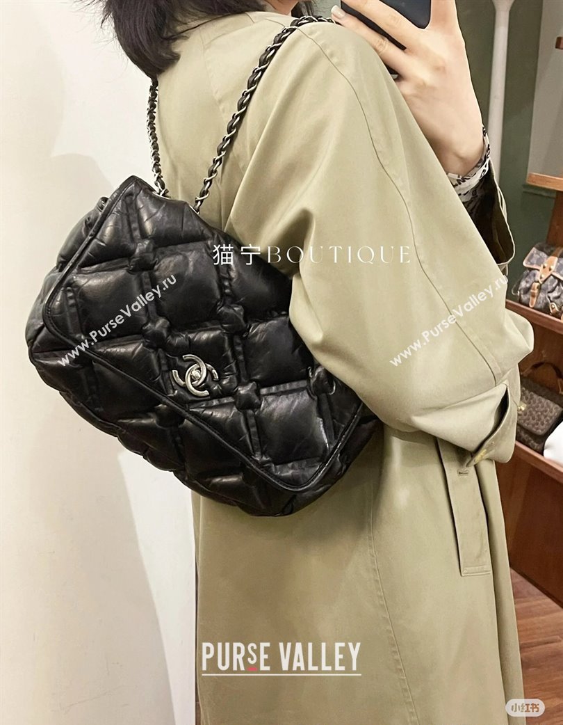 Chanel Vintage Puffer Quilted Shiny Calfskin Flap Bag Black 2025 (For Man and Women) (yezi-250213065)