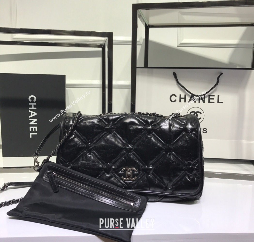 Chanel Vintage Puffer Quilted Shiny Calfskin Flap Bag Black 2025 (For Man and Women) (yezi-250213065)