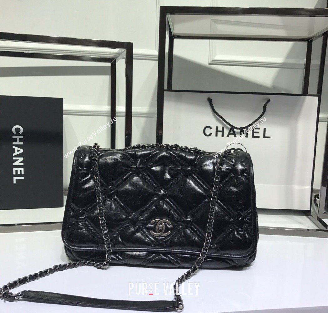Chanel Vintage Puffer Quilted Shiny Calfskin Flap Bag Black 2025 (For Man and Women) (yezi-250213065)
