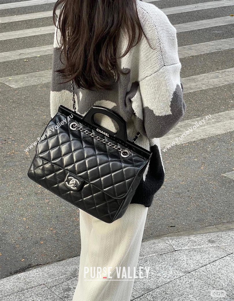 Chanel Vintage Oiled Calfskin Flap Bag with Top Handle Bag Black/Silver 2025 8021 (yezi-250213056)