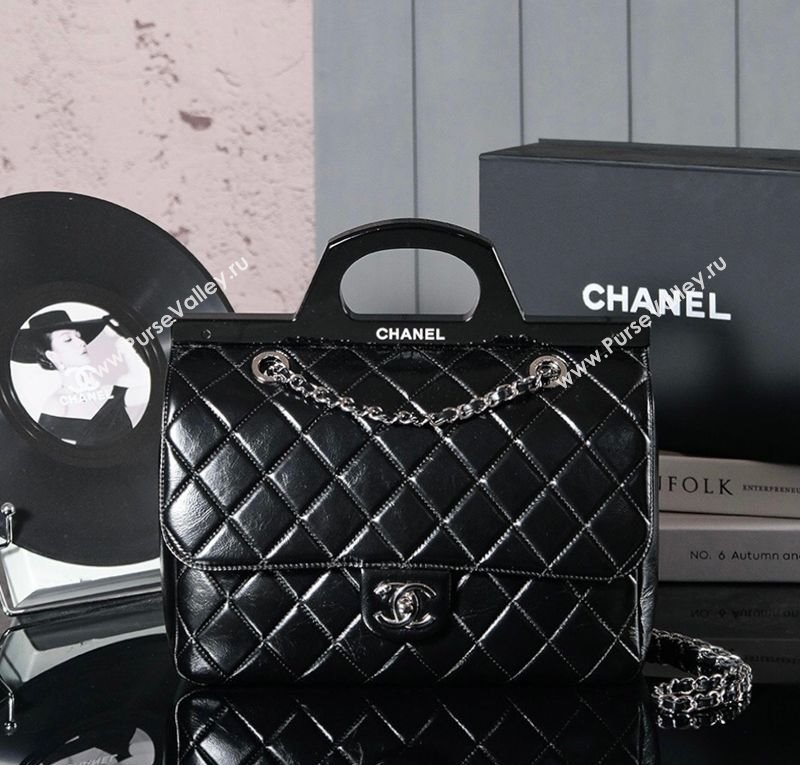 Chanel Vintage Oiled Calfskin Flap Bag with Top Handle Bag Black/Silver 2025 8021 (yezi-250213056)