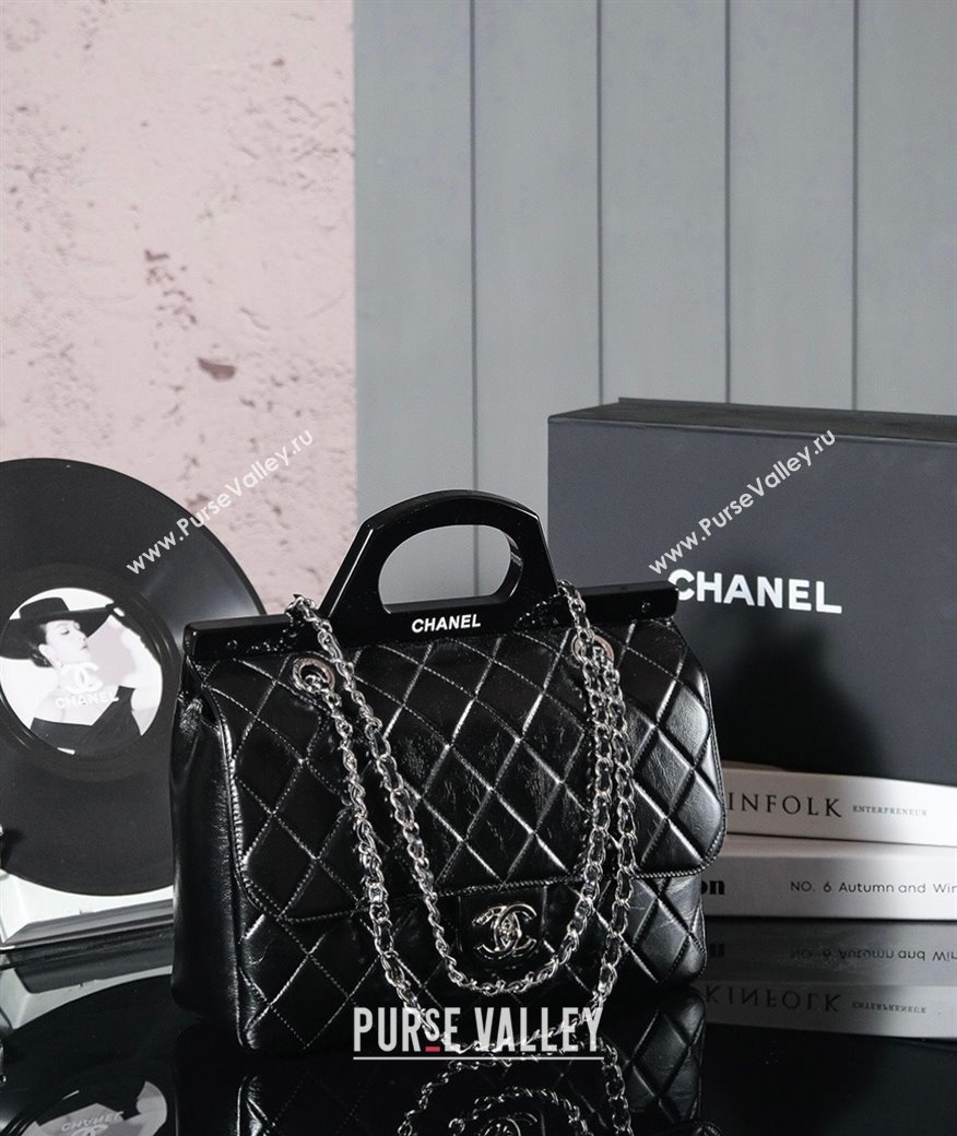 Chanel Vintage Oiled Calfskin Flap Bag with Top Handle Bag Black/Silver 2025 8021 (yezi-250213056)