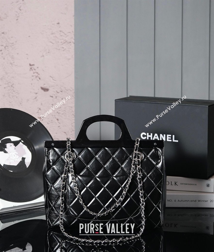 Chanel Vintage Oiled Calfskin Flap Bag with Top Handle Bag Black/Silver 2025 8021 (yezi-250213056)