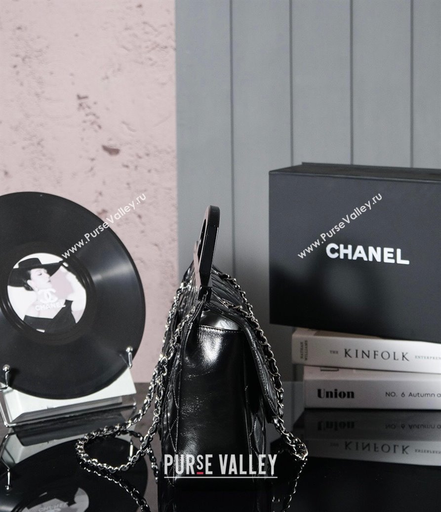 Chanel Vintage Oiled Calfskin Flap Bag with Top Handle Bag Black/Silver 2025 8021 (yezi-250213056)