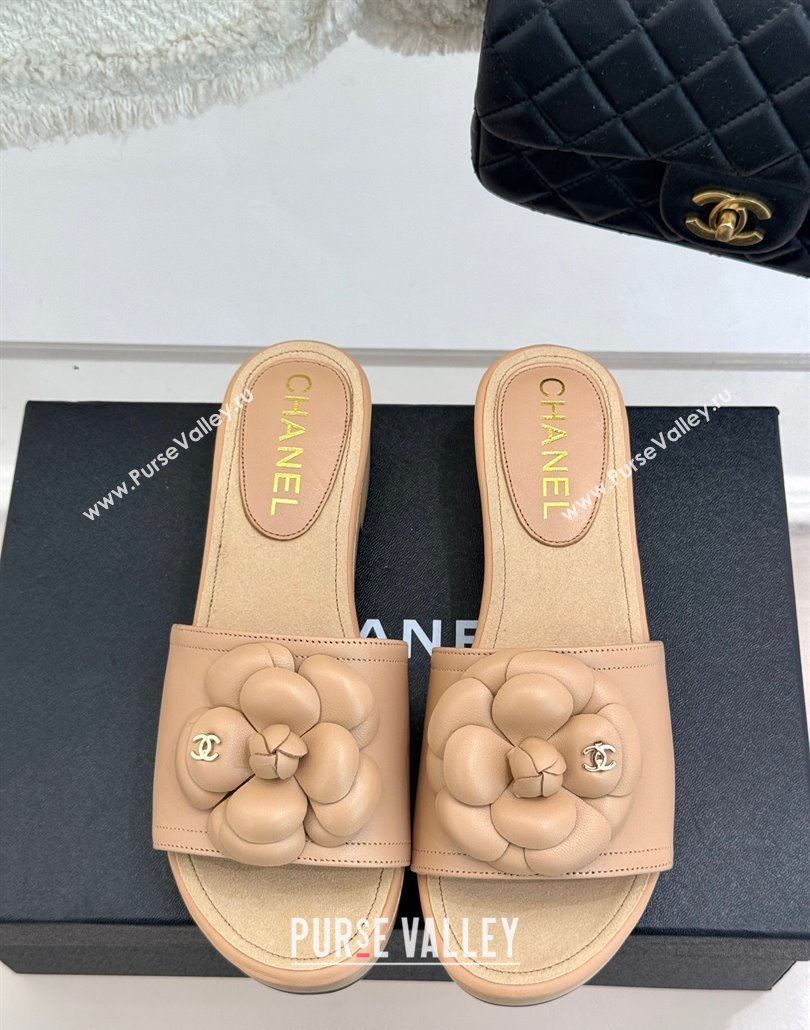 Chanel Tweed Wood-Like Platform Slides Sandal 4cm with Camellia Bloom Beige 2025 CH030305 (MD-250303056)