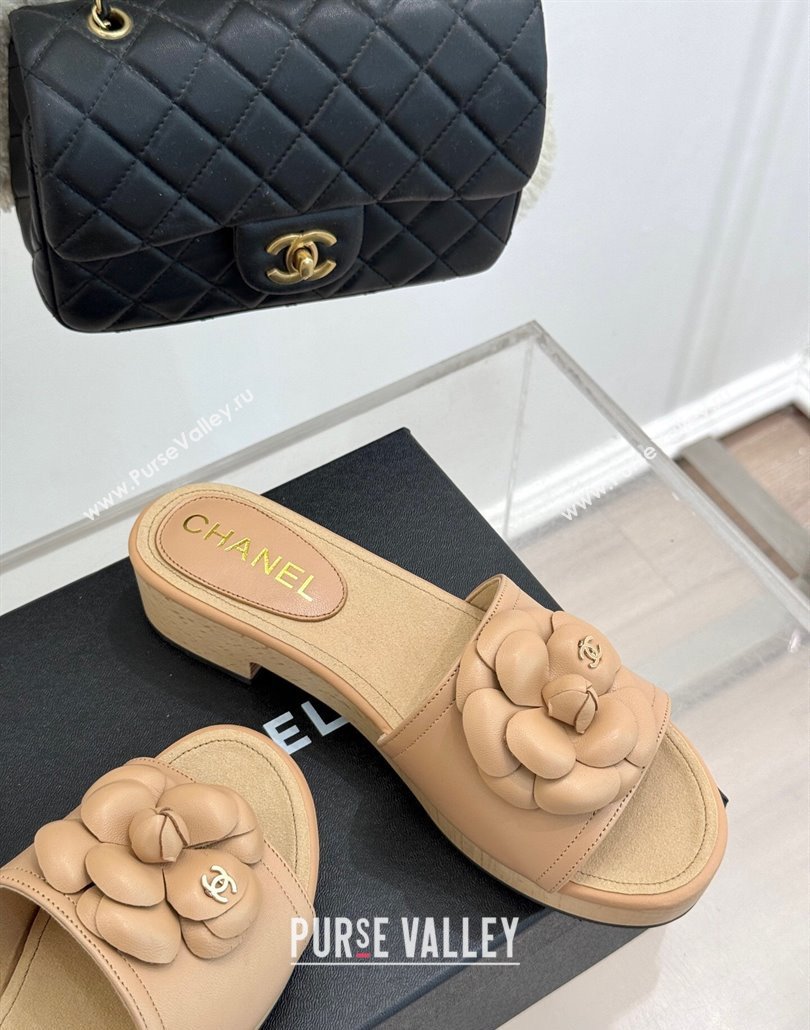 Chanel Tweed Wood-Like Platform Slides Sandal 4cm with Camellia Bloom Beige 2025 CH030305 (MD-250303056)