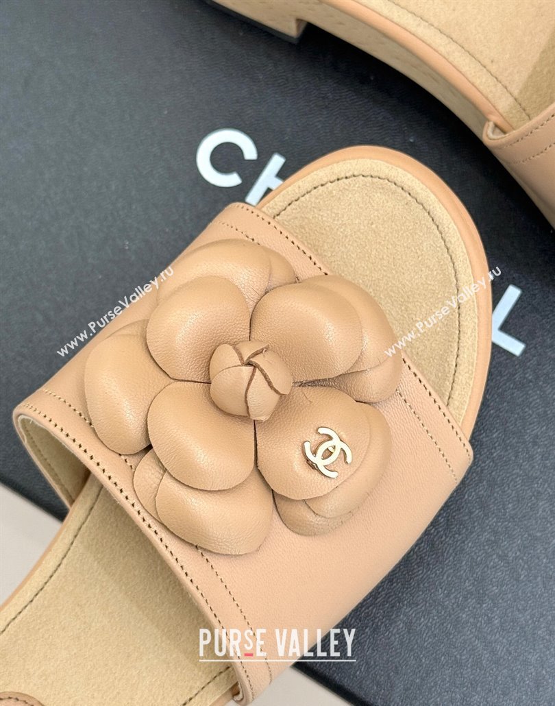 Chanel Tweed Wood-Like Platform Slides Sandal 4cm with Camellia Bloom Beige 2025 CH030305 (MD-250303056)
