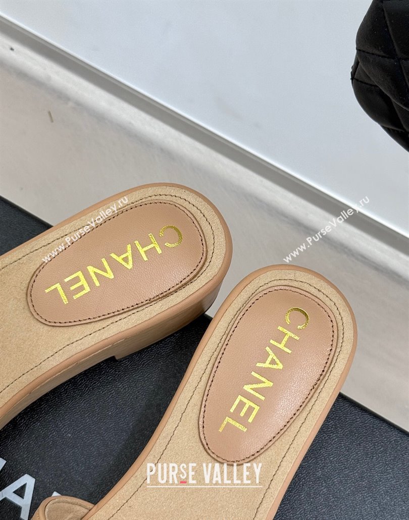 Chanel Tweed Wood-Like Platform Slides Sandal 4cm with Camellia Bloom Beige 2025 CH030305 (MD-250303056)