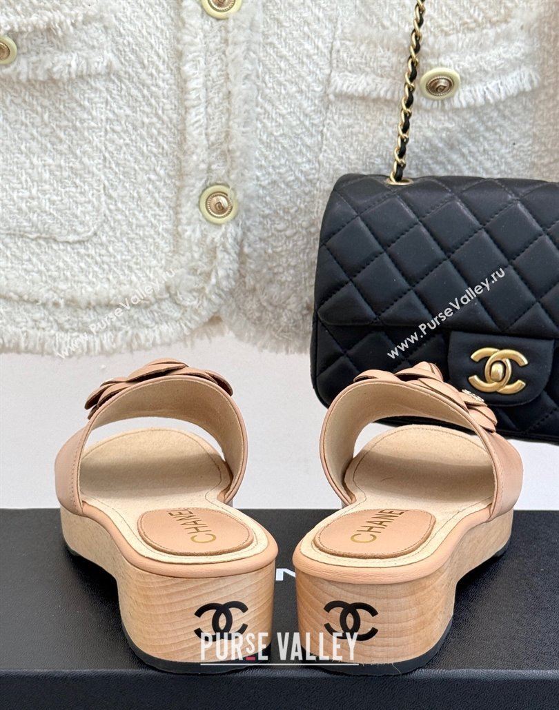 Chanel Tweed Wood-Like Platform Slides Sandal 4cm with Camellia Bloom Beige 2025 CH030305 (MD-250303056)
