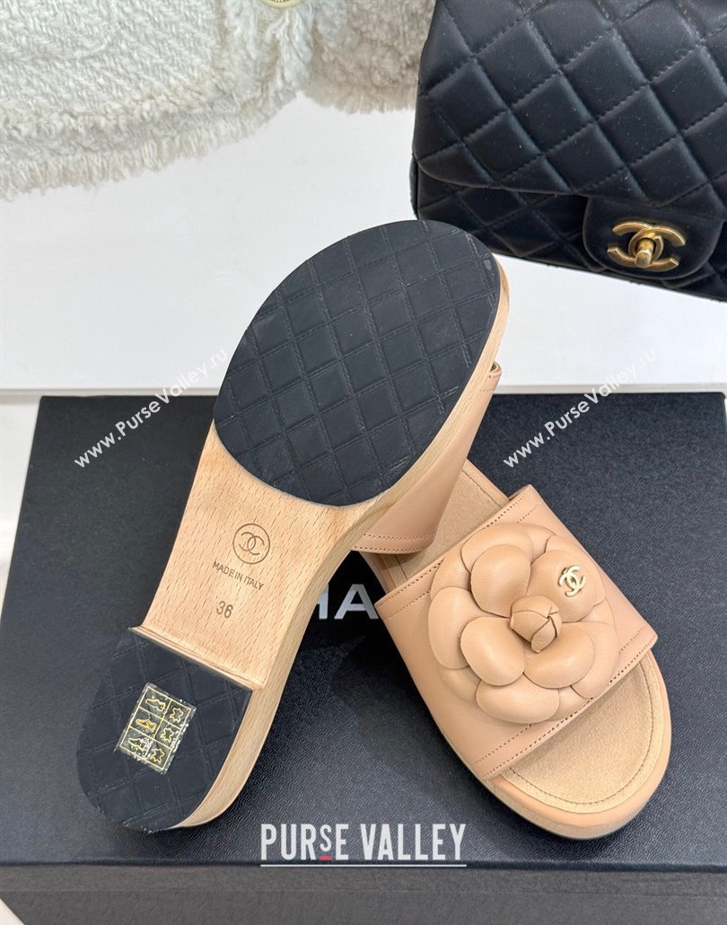 Chanel Tweed Wood-Like Platform Slides Sandal 4cm with Camellia Bloom Beige 2025 CH030305 (MD-250303056)