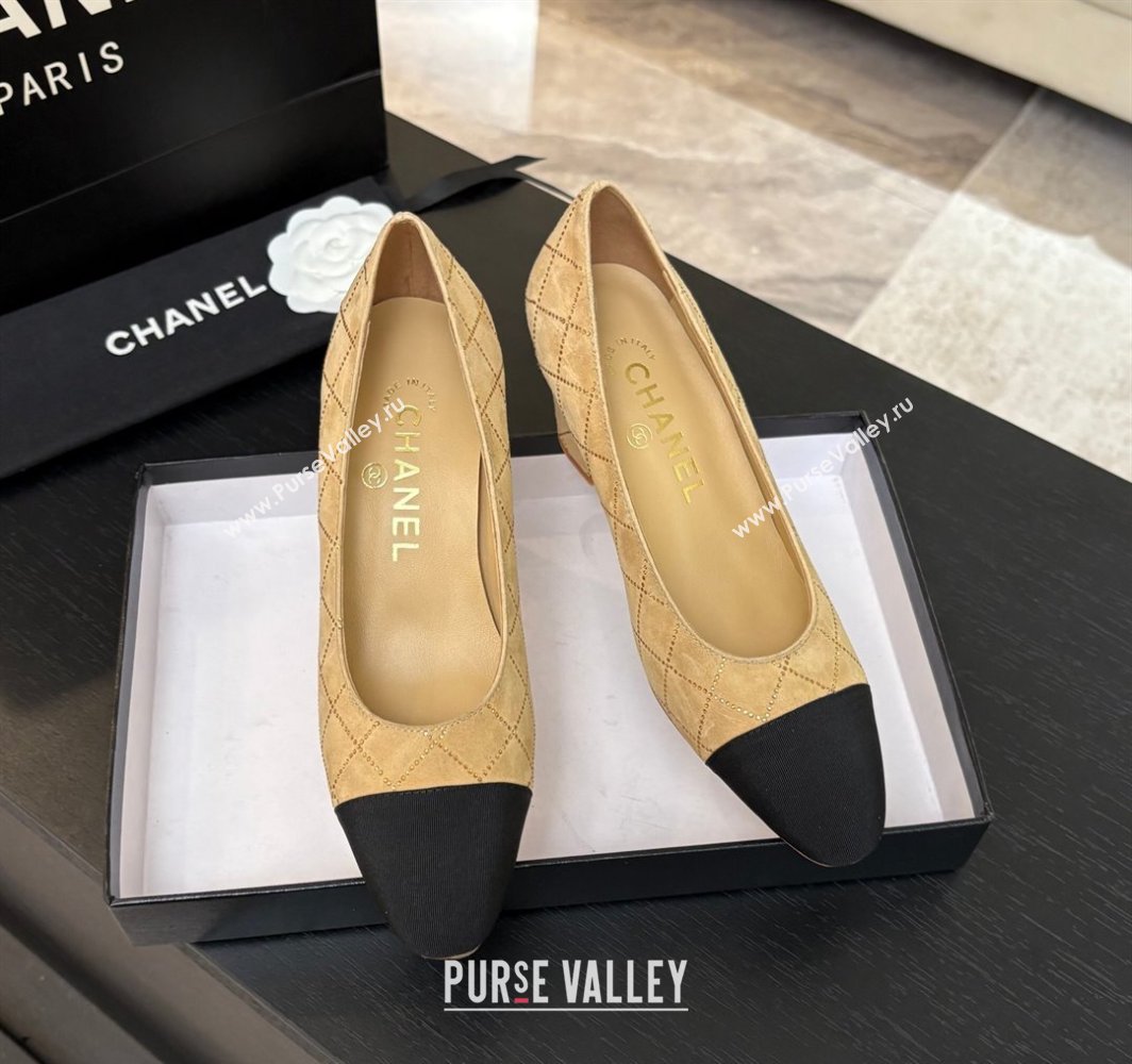 Chanel Quilted Suede Grosgrain Pumps 6.5cm with Studs G45509 Beige Yellow 2025 (MD-250228112)