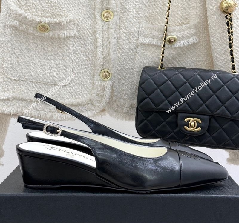 Chanel Shiny Lambskin Wedge Slingback Pumps 4.5cm with Clear Strass Buckle Black 2025 G46376 (MD-250301001)