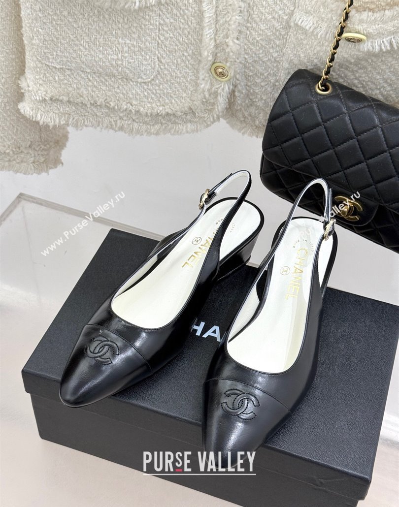 Chanel Shiny Lambskin Wedge Slingback Pumps 4.5cm with Clear Strass Buckle Black 2025 G46376 (MD-250301001)
