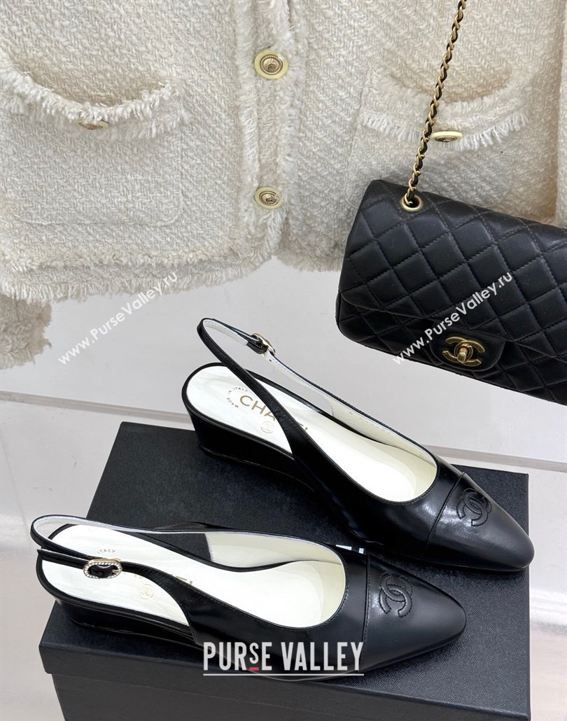 Chanel Shiny Lambskin Wedge Slingback Pumps 4.5cm with Clear Strass Buckle Black 2025 G46376 (MD-250301001)