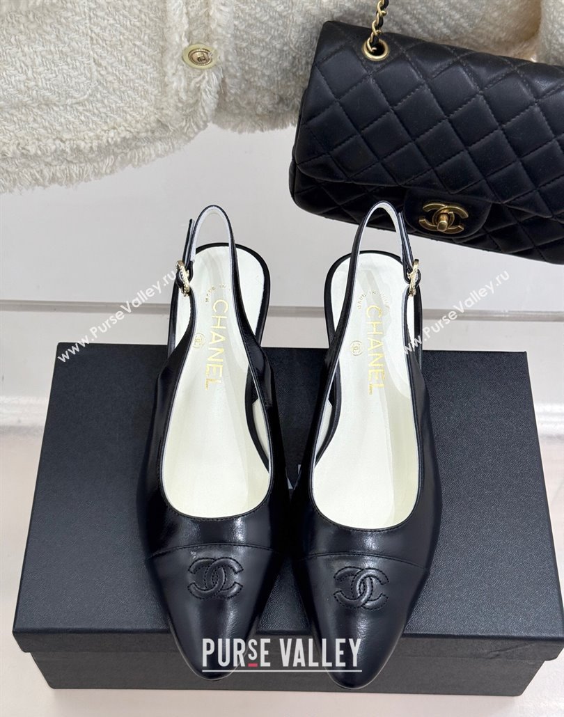 Chanel Shiny Lambskin Wedge Slingback Pumps 4.5cm with Clear Strass Buckle Black 2025 G46376 (MD-250301001)