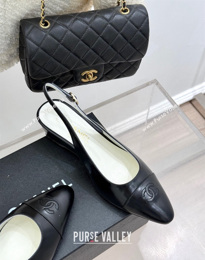 Chanel Shiny Lambskin Wedge Slingback Pumps 4.5cm with Clear Strass Buckle Black 2025 G46376 (MD-250301001)