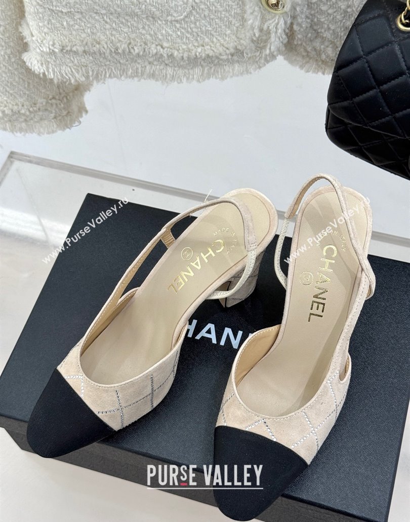 Chanel Quilted Suede Grosgrain Slingback Pumps 9cm with Studs G45509 Beige 2025 (MD-250301006)