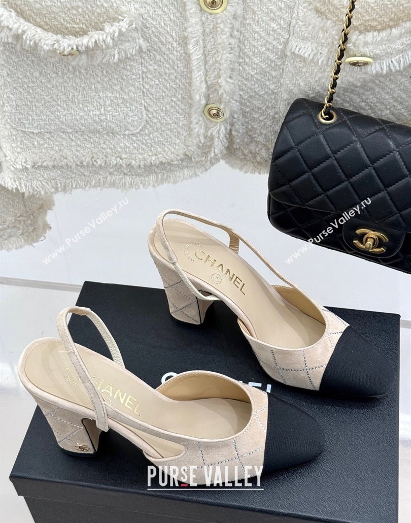 Chanel Quilted Suede Grosgrain Slingback Pumps 9cm with Studs G45509 Beige 2025 (MD-250301006)