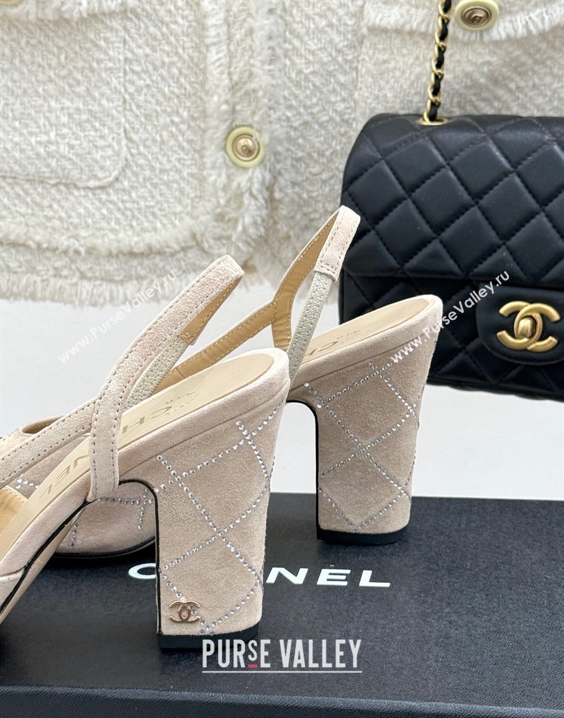 Chanel Quilted Suede Grosgrain Slingback Pumps 9cm with Studs G45509 Beige 2025 (MD-250301006)