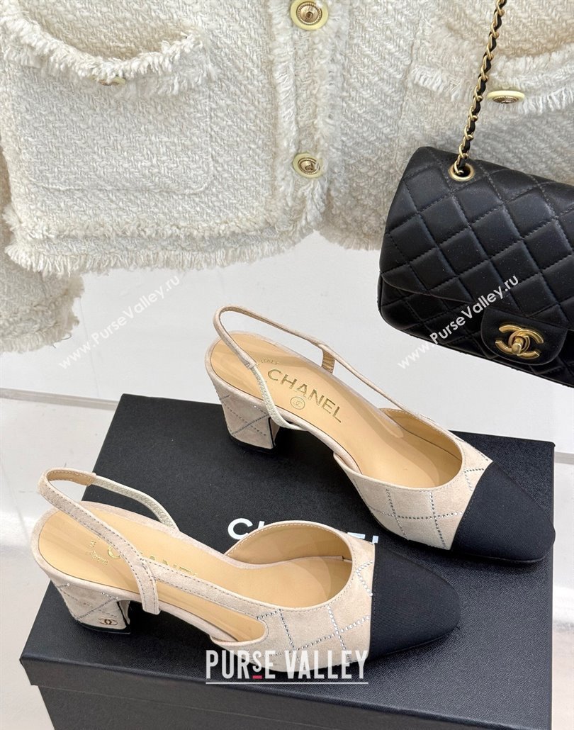 Chanel Quilted Suede Grosgrain Slingback Pumps 6.5cm with Studs G31318 Beige 2025 (MD-250301011)