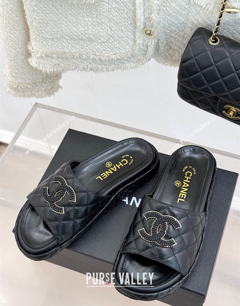 Chanel Quilted Lambskin Platform Slides Sandal Black 2025 CH030310 (MD-250303095)