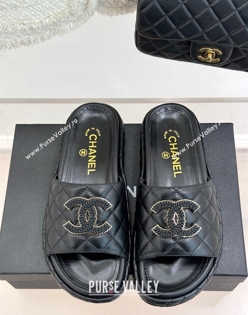 Chanel Quilted Lambskin Platform Slides Sandal Black 2025 CH030310 (MD-250303095)