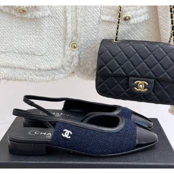 Chanel Tweed Patent Calfskin Slingback Flats G46000 Dark Blue 2025 (MD-250303102)