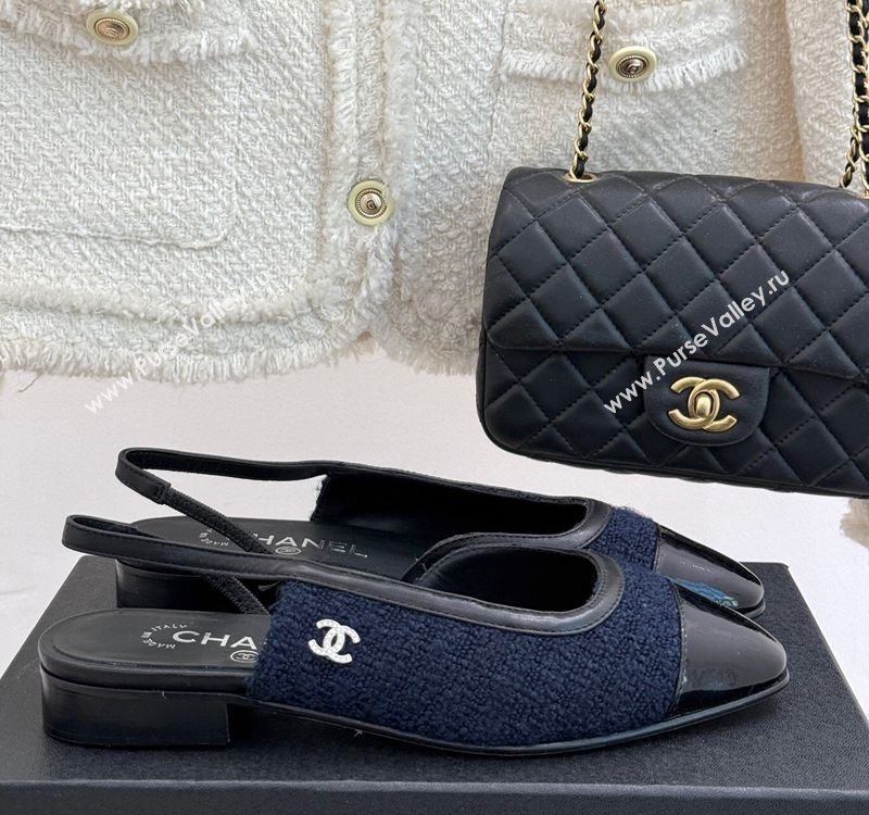 Chanel Tweed Patent Calfskin Slingback Flats G46000 Dark Blue 2025 (MD-250303102)