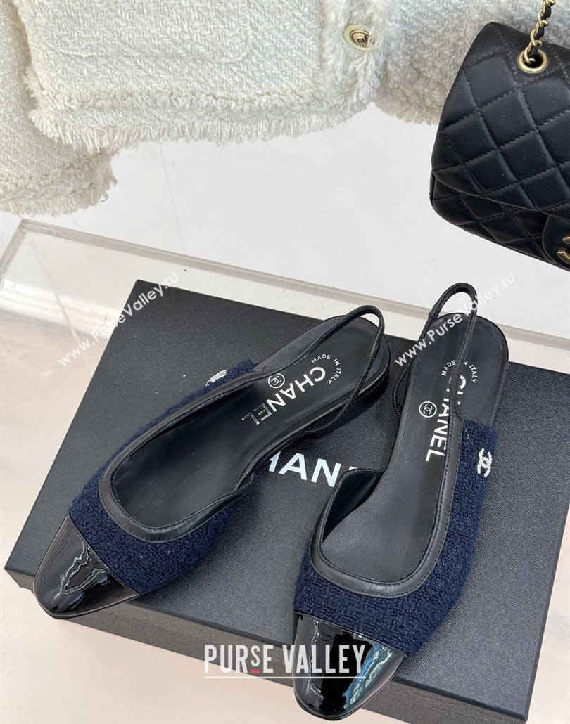 Chanel Tweed Patent Calfskin Slingback Flats G46000 Dark Blue 2025 (MD-250303102)