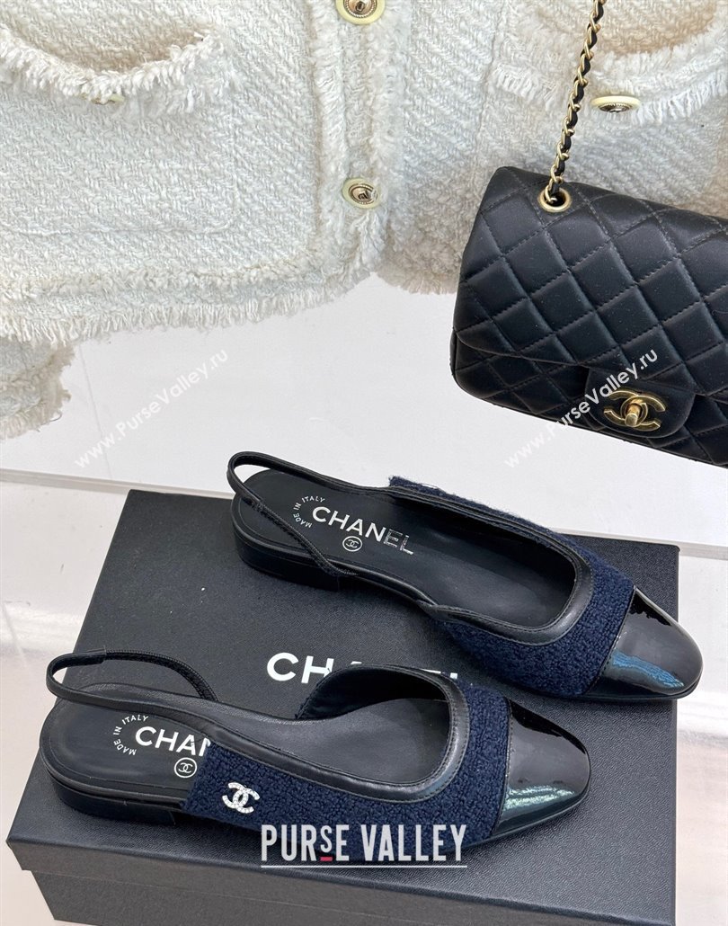 Chanel Tweed Patent Calfskin Slingback Flats G46000 Dark Blue 2025 (MD-250303102)