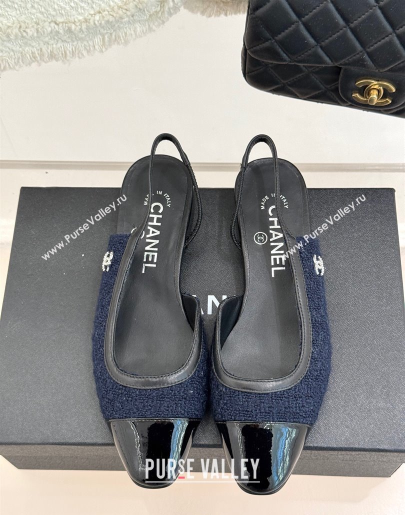 Chanel Tweed Patent Calfskin Slingback Flats G46000 Dark Blue 2025 (MD-250303102)