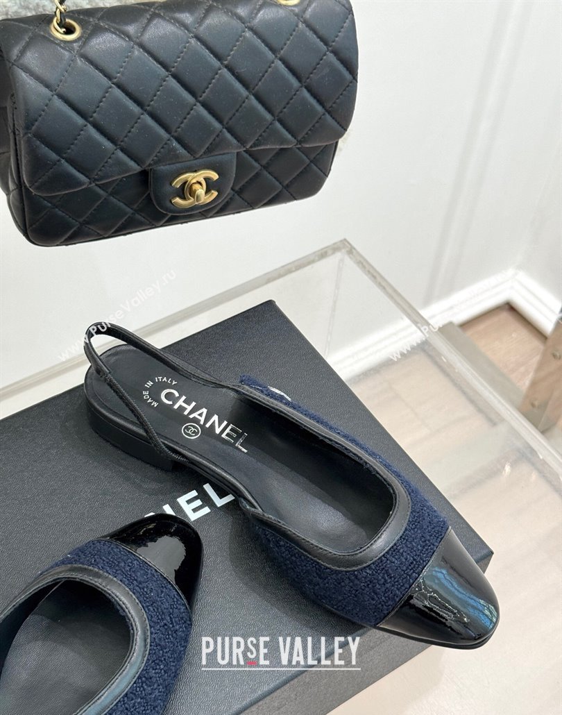 Chanel Tweed Patent Calfskin Slingback Flats G46000 Dark Blue 2025 (MD-250303102)