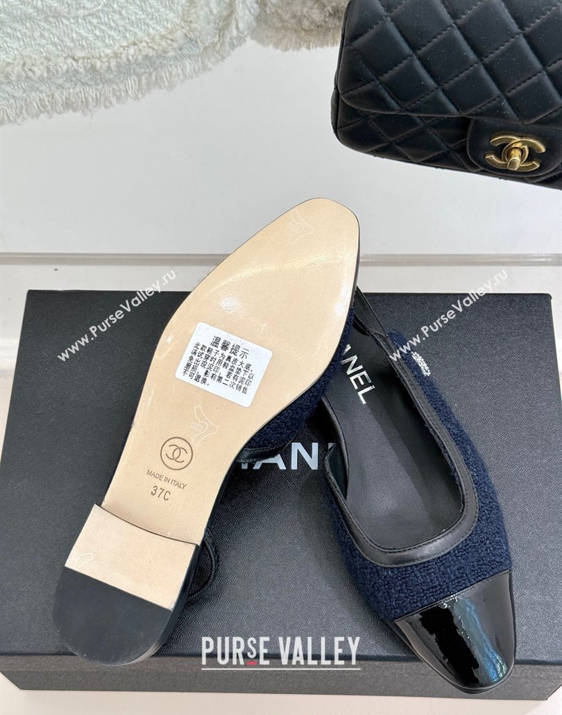 Chanel Tweed Patent Calfskin Slingback Flats G46000 Dark Blue 2025 (MD-250303102)