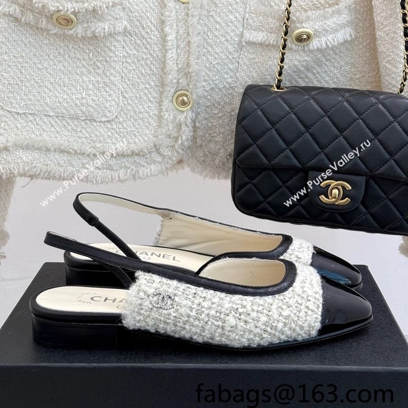 Chanel Tweed Patent Calfskin Slingback Flats G46000 White 2025 (MD-250303103)