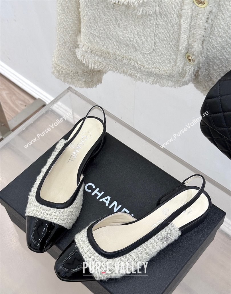 Chanel Tweed Patent Calfskin Slingback Flats G46000 White 2025 (MD-250303103)