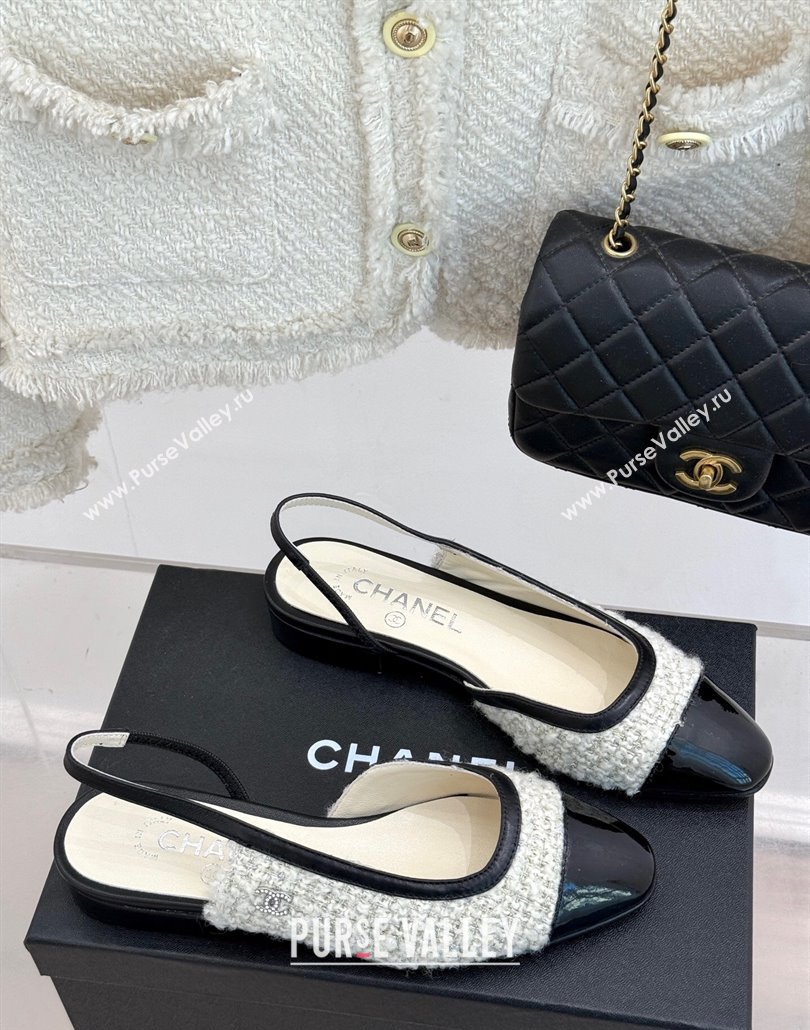 Chanel Tweed Patent Calfskin Slingback Flats G46000 White 2025 (MD-250303103)