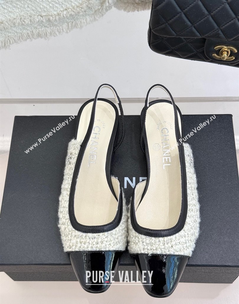 Chanel Tweed Patent Calfskin Slingback Flats G46000 White 2025 (MD-250303103)