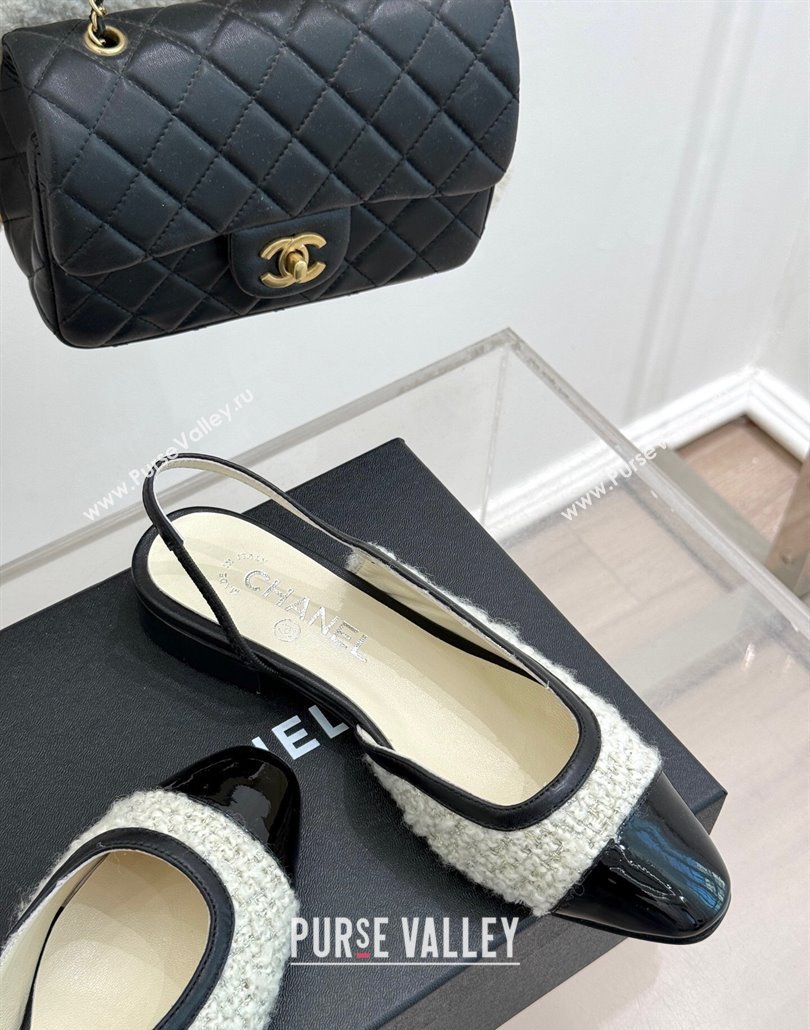 Chanel Tweed Patent Calfskin Slingback Flats G46000 White 2025 (MD-250303103)