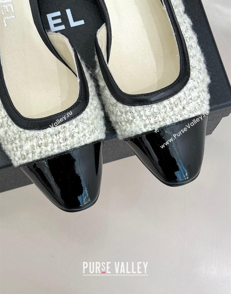 Chanel Tweed Patent Calfskin Slingback Flats G46000 White 2025 (MD-250303103)